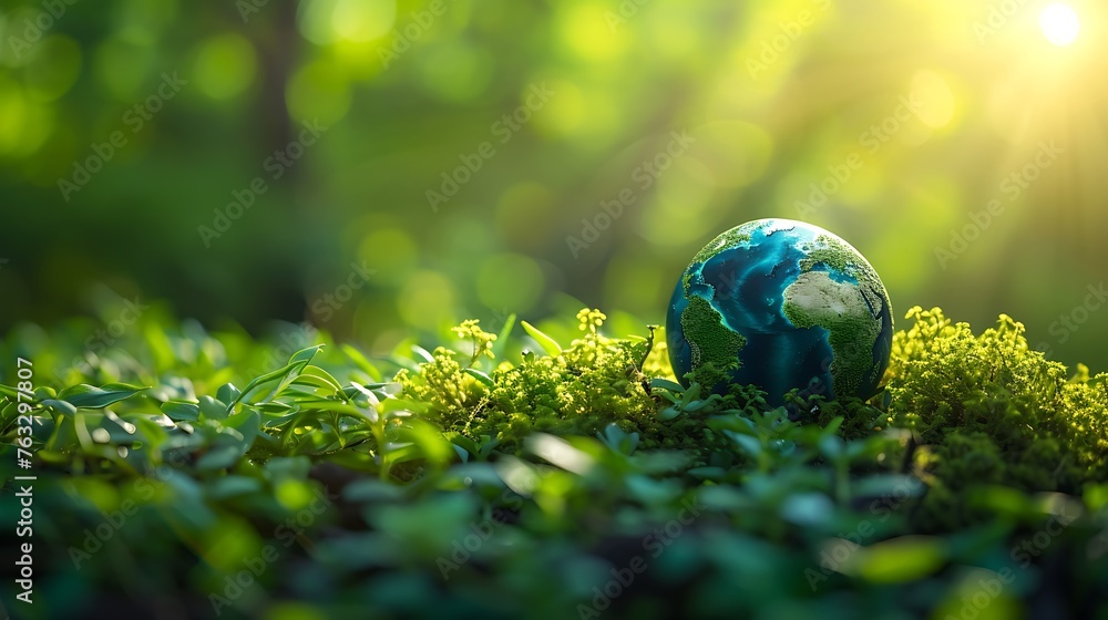Earth planet sphere on green leaves background. Ecology and environment care concept Earth planet sphere on green leaves background. Ecology and environment care concept