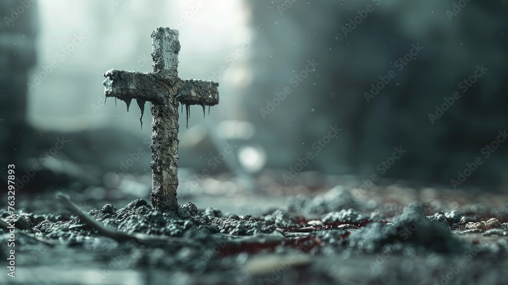 Solemn Cross, rustic cross stands amid a somber scene, evoking contemplation and reverence, symbolizing faith and remembrance