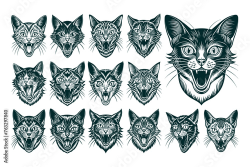 Funny meowing american curl cat head illustration design set