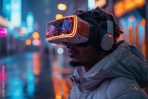 30-year old African-american man wearing a VR headset outdoors, he is immersed in a digital simulation of a gaming process. Interaction with the virtual world © Kmikhidov
