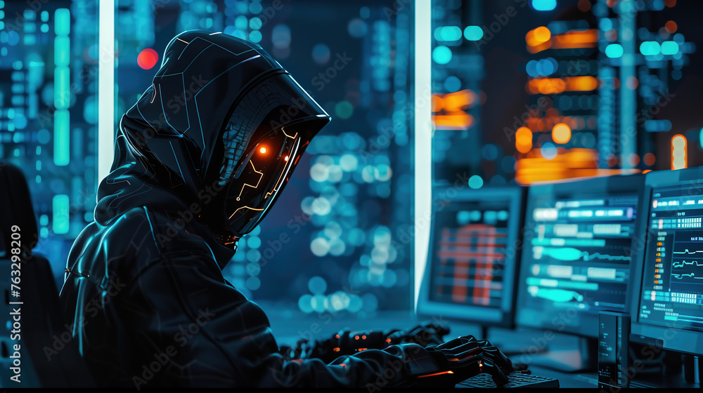 Portrait of android Robot in helmet. Cyborg breaks the code. Portrait of android Robot in helmet. Cyborg breaks the code.
