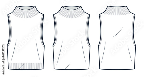 Vest Sweater technical fashion illustration. Knit Vest Top fashion flat technical drawing template, roll neck, sleeeveless, front and back view, white, women, men, unisex CAD mockup set.