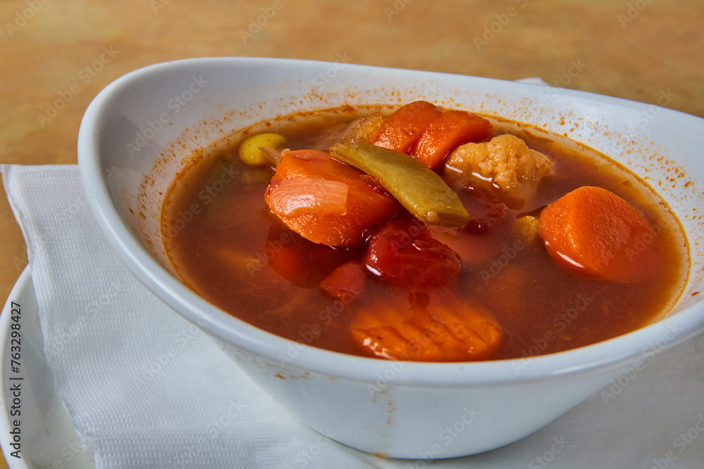 Hearty Homemade Beef Stew in White Bowl, Eye-Level View Hearty Homemade Beef Stew in White Bowl, Eye-Level View