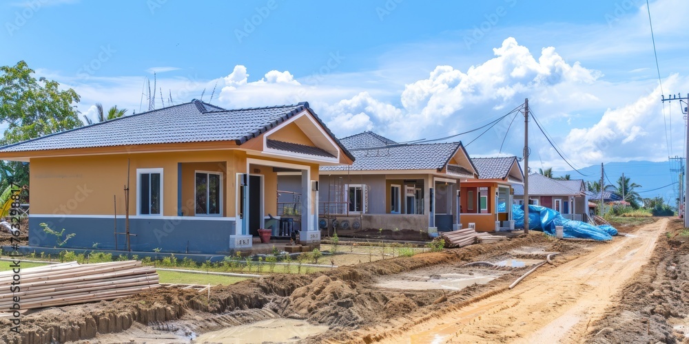 simple house under construction in a new subdivision with few houses simple house under construction in a new subdivision with few houses