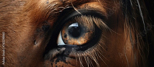 A closeup of a terrestrial animals eye with long eyelashes, possibly a horse or dog breed. The eyelashes frame the eye, adding to the animals beauty and charm © 2rogan