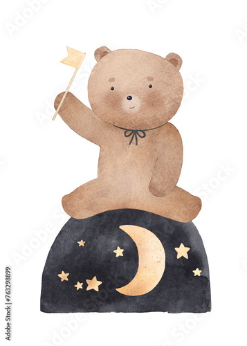Teddy bear among the stars. The bear is dreaming. Watercolor illustration. Can be used for cards, invitations, baby shower, posters. Vintage.