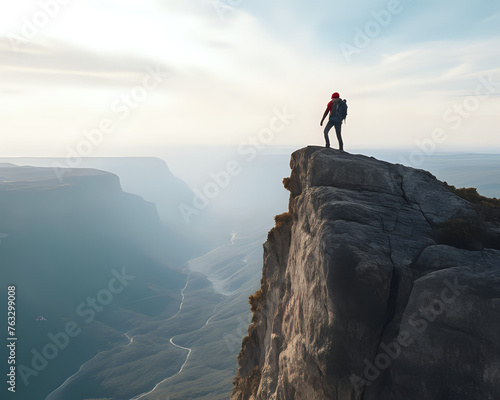 a person standing on top of a large rock, standing on the edge of a cliff.