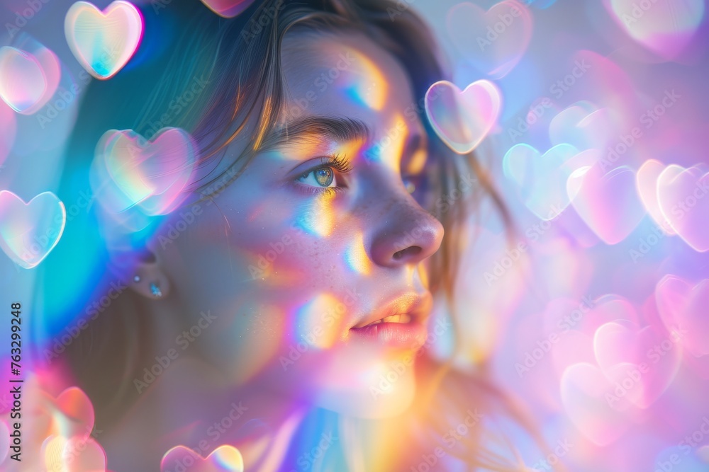 artistic closeup of a womans face with vibrant violet, magenta, and electric blue hearts projected on her, creating a fun and mesmerizing visual organism for entertainment event artistic closeup of a womans face with vibrant violet, magenta, and electric blue hearts projected on her, creating a fun and mesmerizing visual organism for entertainment event