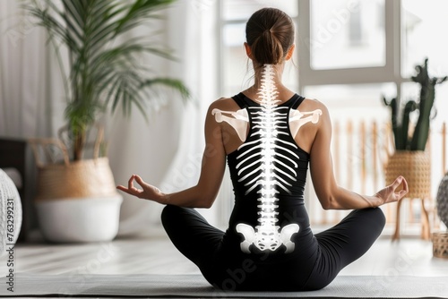 Yoga Woman in Lotus Pose with Visible Spine Bones, Black Sportswear, Home Interior