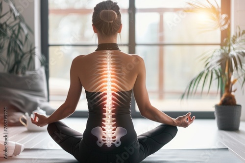 Yoga Woman in Lotus Pose with Visible Spine Bones, Black Sportswear, Home Interior