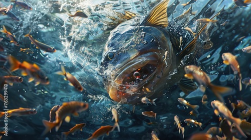 a swarm of small fish surrounding and ambushing a single large fish, illustrating the power of unity and cooperation in overcoming formidable challenges in nature photo