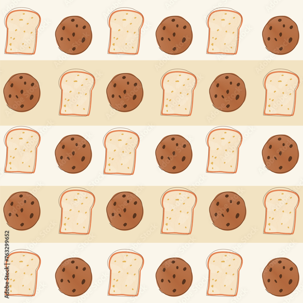 Seamless pattern with trendy hand drawn bread and cookies on boho color background suitable for fabric, bag, wrapping paper, surface design, children clothing, nursery product design Seamless pattern with trendy hand drawn bread and cookies on boho color background suitable for fabric, bag, wrapping paper, surface design, children clothing, nursery product design
