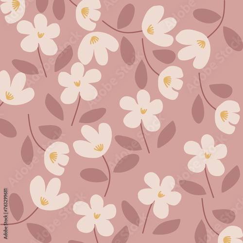 Seamless Hand Drawn Cherry Blossom flowers pattern with soft boho pink background suitable for fabric, bag, wrapping paper, surface design, children clothing, nursery product design