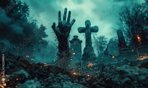 A zombie hand emerges from a grave on a horrifying night. by AI generated image photo