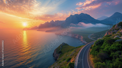 Sunset along the coast with a roadway photo