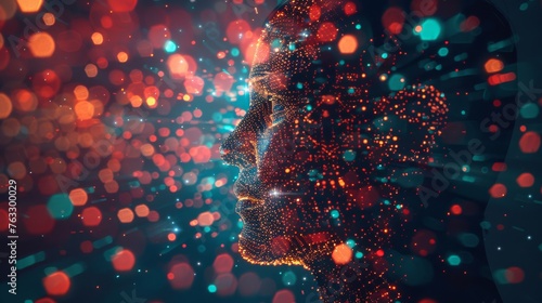 Digital portrait of a thinker, head surrounded by digital light patterns, symbolizing the connection between technology and human thought