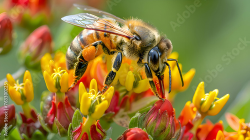 A close-up of a bee pollinating a colorful wildflower, highlighting the crucial role of pollinators in ecosystems © MistoGraphy