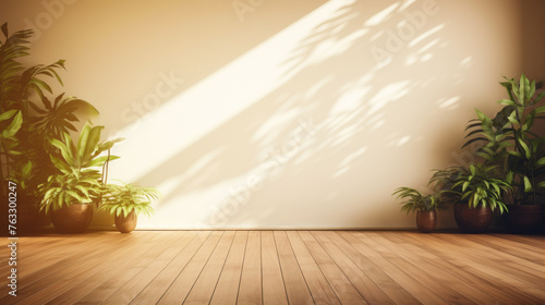 A room with a large window and two potted plants. The room is empty and has a lot of natural light coming in