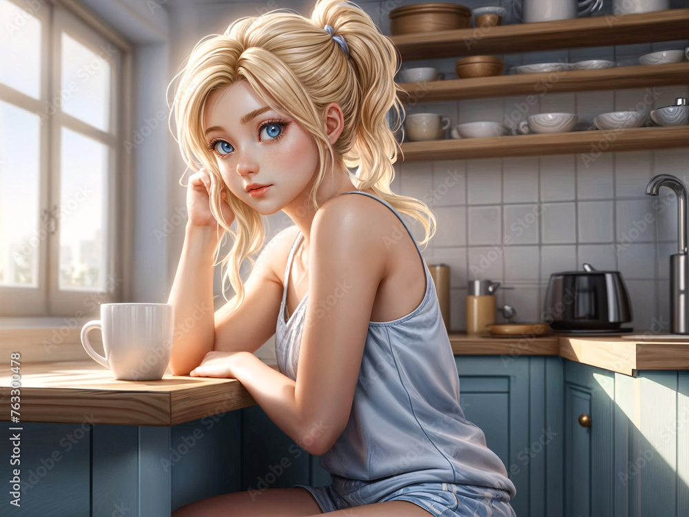 A 3D Painting of a Sleepy Sunrise Sip: A 16-Year-Old Bathed in Morning Light, Fueling Up for the Day with Coffee in the Kitchen. A 3D Painting of a Sleepy Sunrise Sip: A 16-Year-Old Bathed in Morning Light, Fueling Up for the Day with Coffee in the Kitchen.