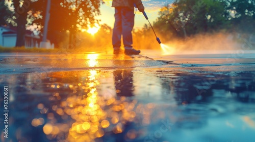 Man Cleaning Patio with High Pressure Water, Residential Driveway Cleaning Service Concept