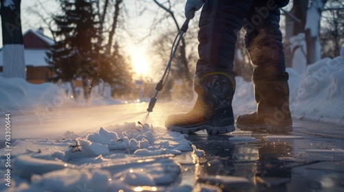 Man Cleaning Patio with High Pressure Water, Residential Driveway Cleaning Service Concept