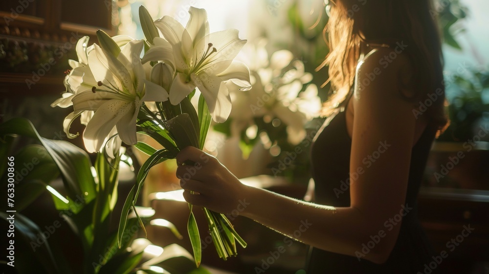 Obraz premium Close-Up of Woman Holding White Lily Flowers Near Casket at Funeral Home