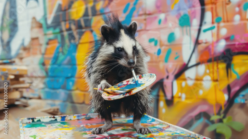 Skunk with a palette and paintbrush, working on an outdoor mural, serving the community as an urban street artist with a flair for vibrant graffiti.