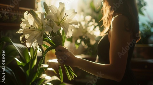 Close-Up of Woman Holding White Lily Flowers Near Casket at Funeral Home photo