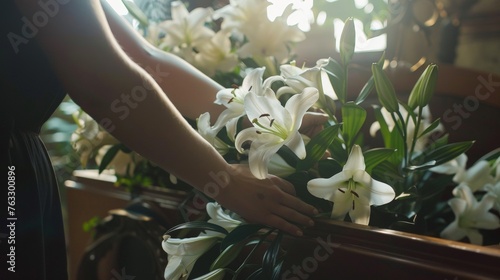 Close-Up of Woman Holding White Lily Flowers Near Casket at Funeral Home