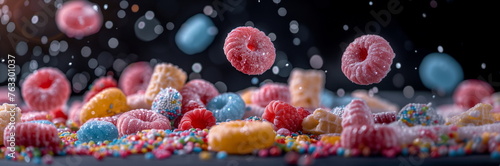 Banner with candy and jujube falling, close up, aesthetic, bokeh photo