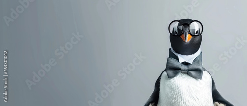 Penguin tailor in a bow tie and monocle, adjusting a tuxedo in front of a simple, chic grey canvas, representing bespoke elegance and precision. photo