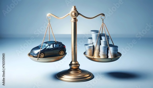 car and stacked coins on a balance scale, illustrating the financial evaluation between automotive value and monetary savings