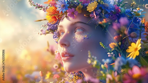 A festive portrayal of a model adorned in a crown of vibrant, spring flowers.  photo