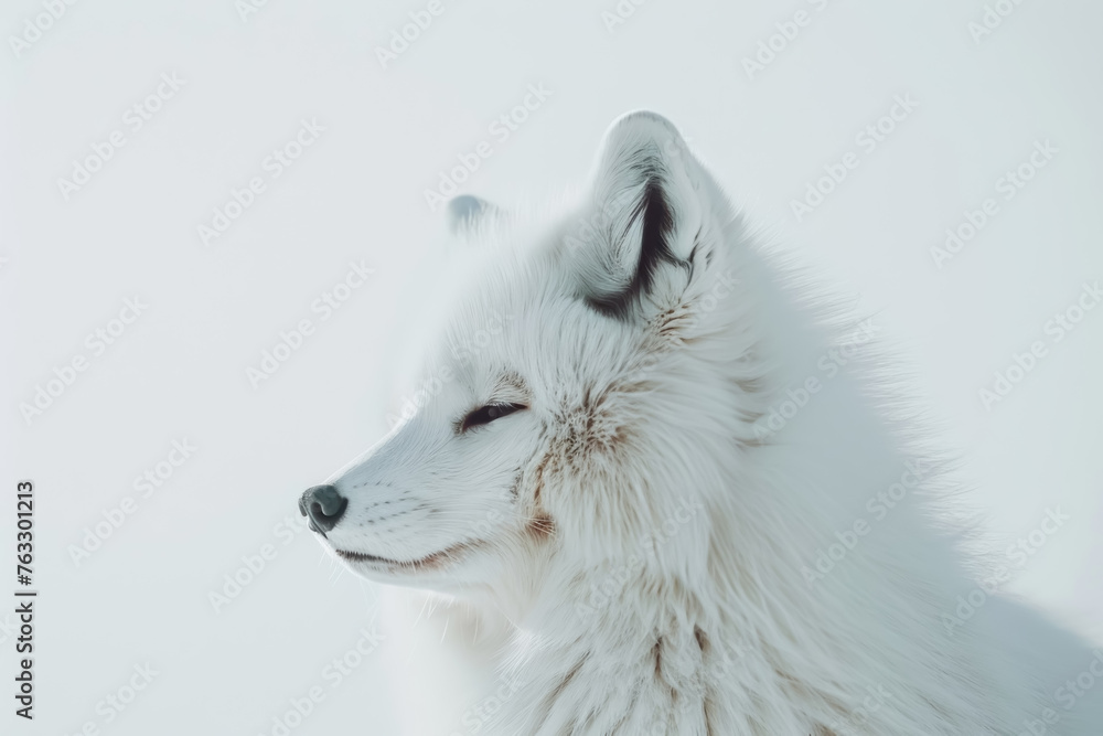 Fototapeta premium Arctic fox in a luxurious faux-fur coat, against a snowy white background, radiating exclusivity and winter chic