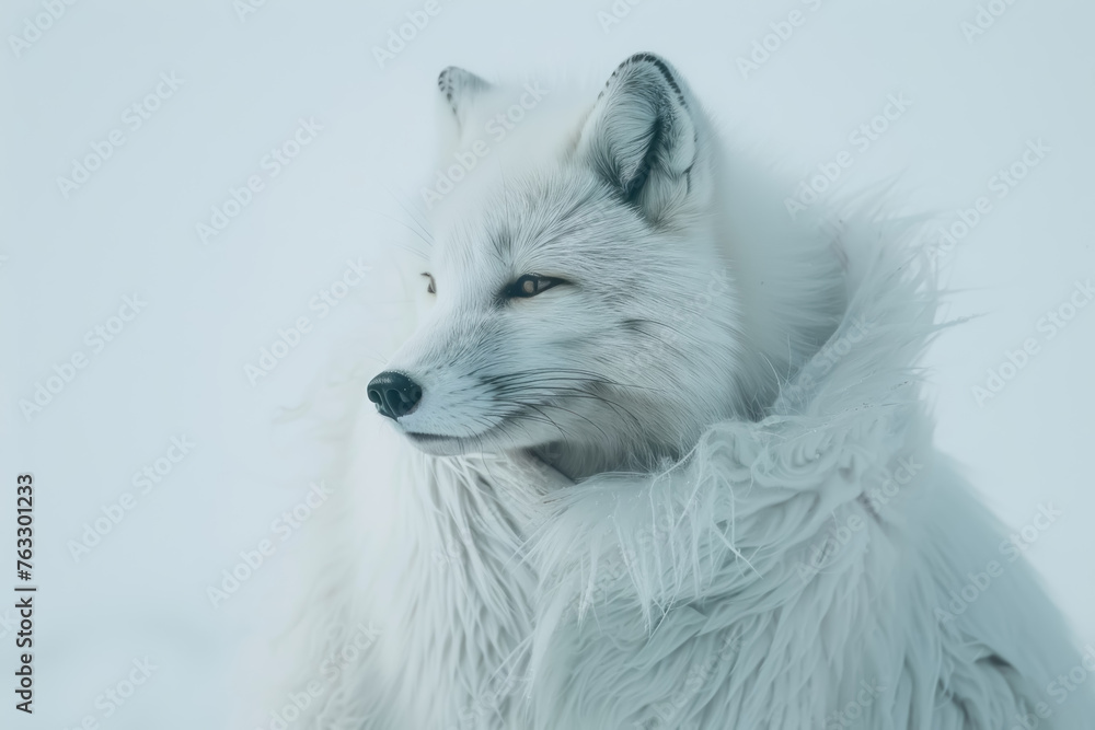 Fototapeta premium Arctic fox in a luxurious faux-fur coat, against a snowy white background, radiating exclusivity and winter chic