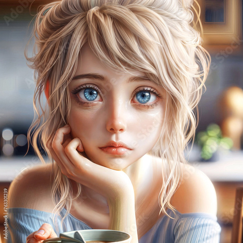 A 3D Painting of a Sleepy Sunrise Sip: A 16-Year-Old Bathed in Morning Light, Fueling Up for the Day with Coffee in the Kitchen.