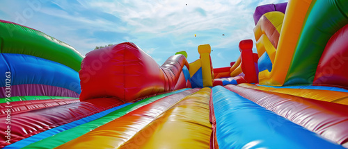 Children's inflatable bounce house brightly colored, outdoor family fun, active play and joy for kids at a summer fair