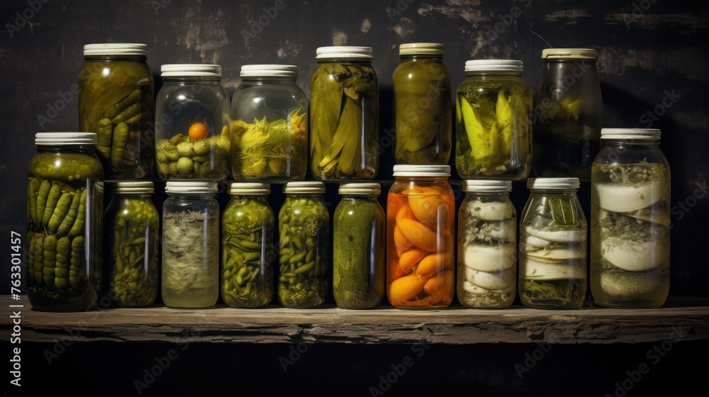 A collection of pickled vegetables in jars on illuminated shelves. Various pickles, stocked up for future use A collection of pickled vegetables in jars on illuminated shelves. Various pickles, stocked up for future use