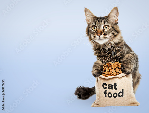 Cute cat with a bag of dry food on a colored background.
