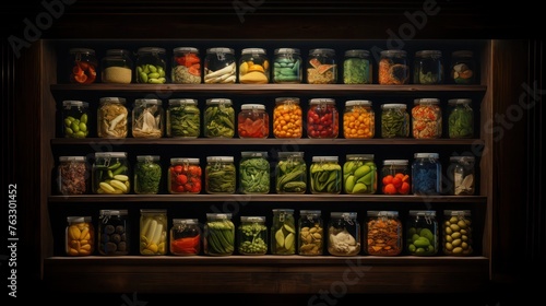 A collection of pickled vegetables in jars on illuminated shelves. Various pickles, stocked up for future use