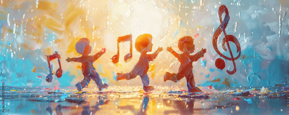 Colorful illustration of dancing happy children and notes flying around them. - obrazy, fototapety, plakaty 