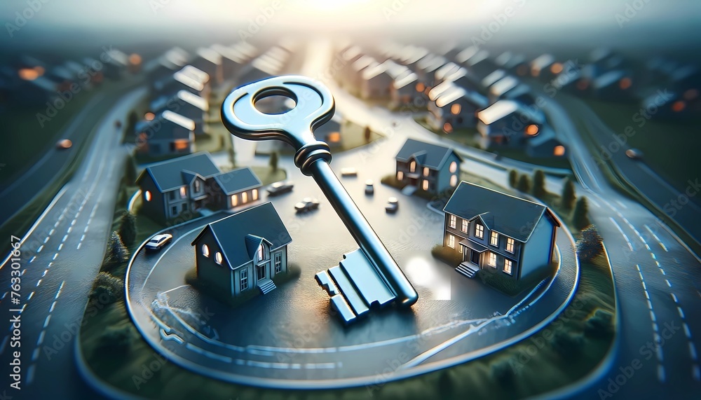 the key with houses background concept of real estate home ownership, property access, and real estate investment - obrazy, fototapety, plakaty 