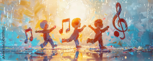 Colorful illustration of dancing happy children and notes flying around them. photo