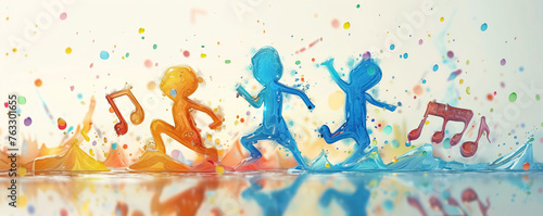 Colorful illustration of dancing happy children and notes flying around them.