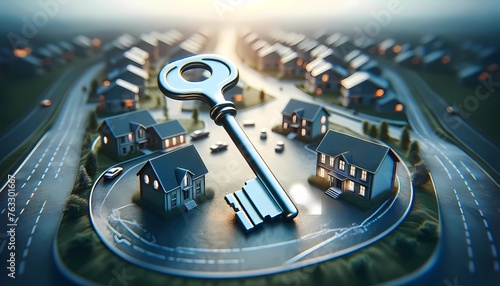 the key with houses background concept of real estate home ownership, property access, and real estate investment photo