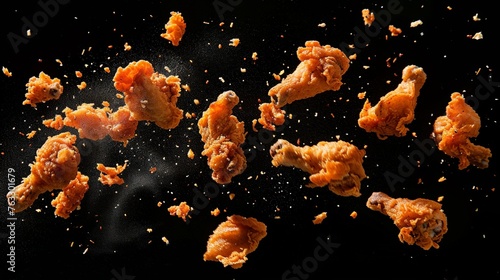 Fried Chicken Pieces Floating in Air
