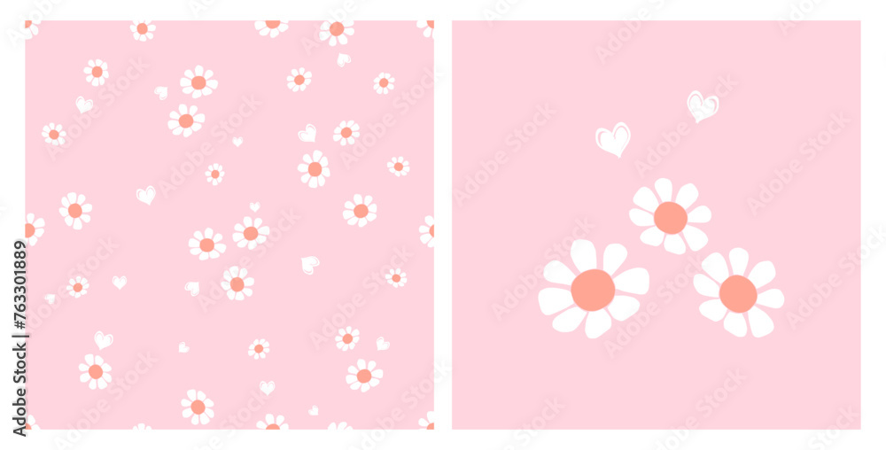 Seamless pattern with white flower and hand drawn heart on pink background. Cute flower icon sign vector.