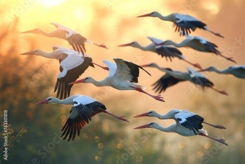 Flock of storks soaring in the sky, wildlife in motion, the grace and majesty of birds in their natural habitat