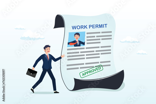 Businessman employee with approved work permit paper, work permit document approved, contract agreement authority, legal paperwork for employment with stamp signature, immigration permission (Vector)