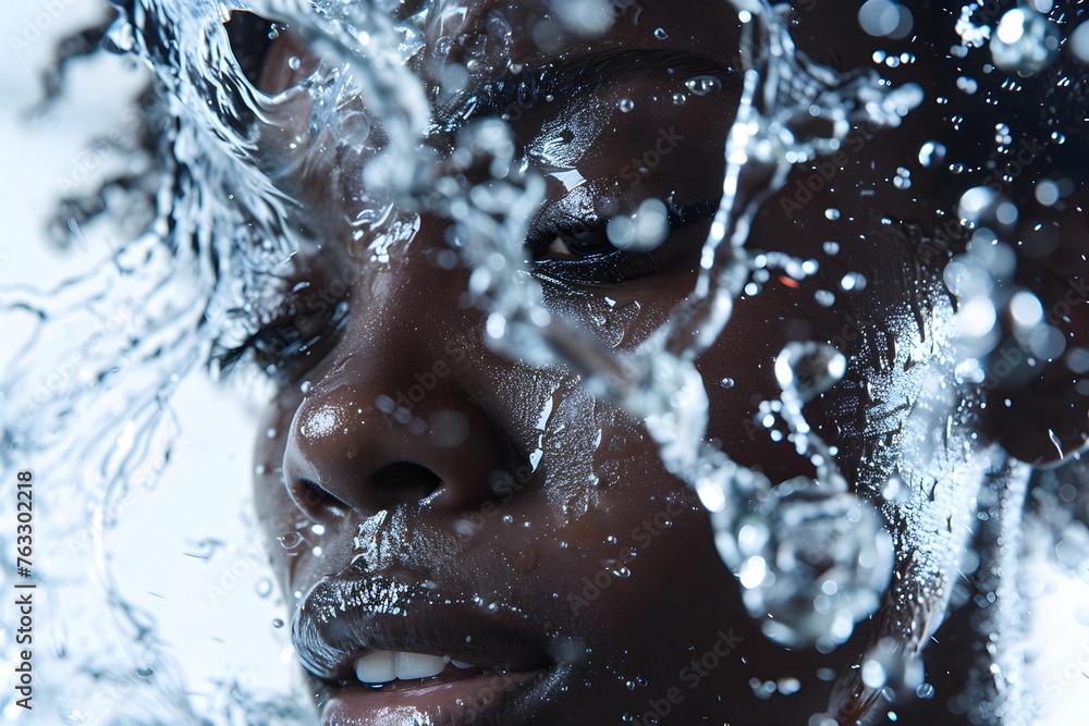 Closeup of an African woman while water splashes in her face